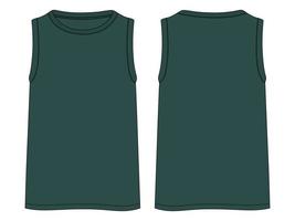 tank tops moda técnica boceto plano ilustración vectorial plantilla de color verde vistas frontal y posterior. camisetas sin mangas de ropa simuladas para hombres y niños. vector