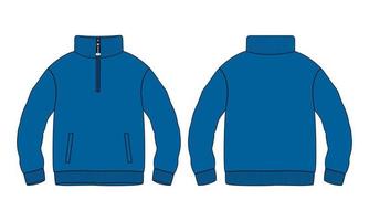 Cotton jersey fleece jacket Sweatshirt technical fashion Flat sketch Vector illustration blue Color template Front and back views. Flat apparel Sweater Jacket mock up Isolated on White background.
