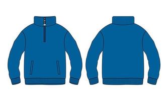 Cotton jersey fleece jacket Sweatshirt technical fashion Flat sketch Vector illustration blue Color template Front and back views. Flat apparel Sweater Jacket mock up Isolated on White background.