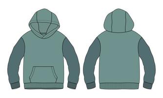 Two tone Green color long sleeve hoodie technical fashion flat sketch vector illustration template front and back views isolated on white background.