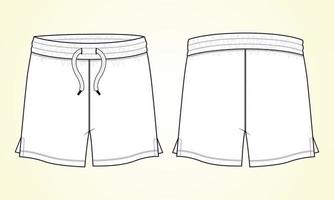 pantalones cortos técnica moda dibujo plano vector ilustración plantilla vistas frontal y posterior. diseño de vestido de pantalón de jersey de algodón maqueta negra aislada sobre fondo blanco roto