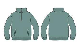 Cotton jersey fleece jacket Sweatshirt technical fashion Flat sketch Vector illustration Green Color template Front and back views. Flat apparel Sweater Jacket mock up Isolated on White background.