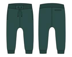 Fleece cotton jersey basic Sweat pant technical fashion flat sketch Deep green Color template front and back views. Apparel jogger pants vector illustration mock up for kids and boys.