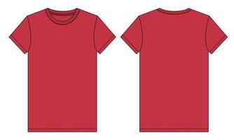 Short sleeve T shirt technical fashion Flat Sketch Red color Template. Vector illustration basic apparel design front and Back view. Easy edit and customizable.