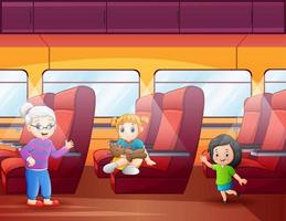 Cheerful a grandmother with her grandson in the train vector