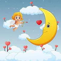 Valentines day background with little cupid and a moon vector