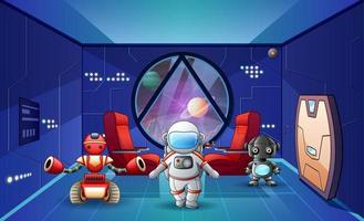 Illustration of astronaut and robots in the spaceship vector