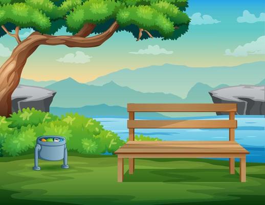 Background of a wooden bench and tree near the river