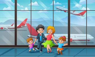 familia feliz con dos niños en la terminal del aeropuerto vector