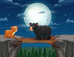 Cartoon bear with cubs taking turns crossing a wooden bridge over a cliff vector