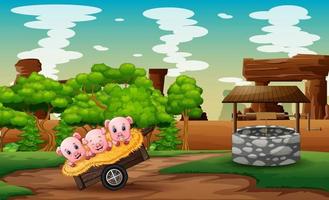 dibujos animados tres lindos cerdos jugando en el heno en el carro vector
