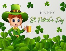 feliz saludo del día de san patricio con duende sosteniendo un vaso de cerveza vector