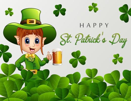 Happy St Patrick's Day greeting with leprechaun holding a glass of beer