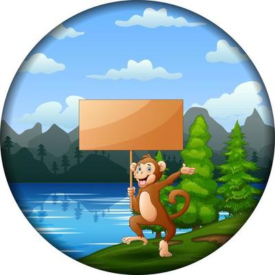 Cute monkey holding wooden sign by the lake in around frame