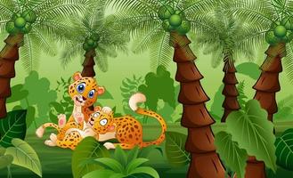 A mother cheetah with cubs playing in the palm jungle vector