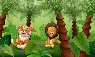 da miedo un león y un tigre en la ilustración de la jungla de palmeras vector