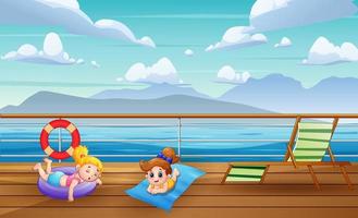 Cute little girls sunbathing on the ship deck vector