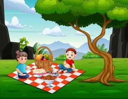 ilustración de una madre feliz y su hijo haciendo un picnic en el parque vector