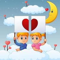 Cartoon kids together holding heart signpost on the cloud