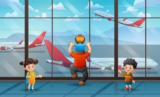 Cartoon people in airport room illustration with airplane view from glass window vector