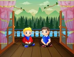 Cartoon illustration of two boys sitting on a terrace vector