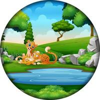 Cartoon cheetah with cubs in round frame vector