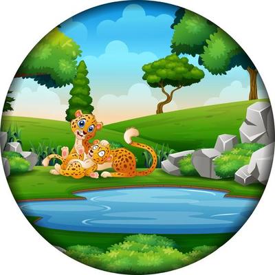 Cartoon cheetah with cubs in round frame