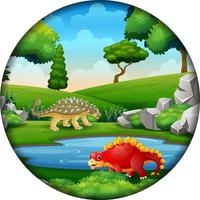 Cartoon dinosaurs by the pond in circular frame vector