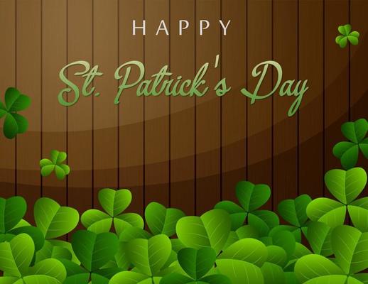 Happy Saint Patrick's Day greeting poster with green leaves and wooden fence