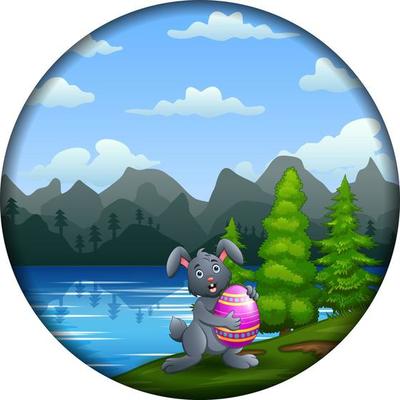 Cute a bunny holding Easter egg in a round frame