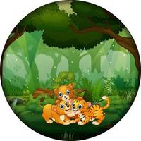 dibuja un tigre bebé y un león jugando en el bosque en un marco redondo