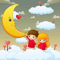 Cute little boy and girl holding a moon in the sky vector