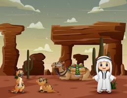 Arabian boy with a camel and meerkats in the desert vector