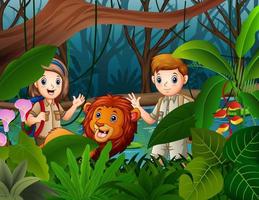 Illustration of zookeeper boy and girl with a lion in the jungle vector