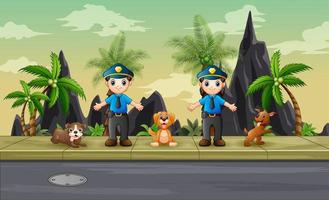 Cartoon police man and woman with bloodhound on highway illustration vector