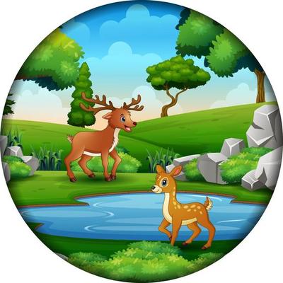 Happy deer playing at nature in a round frame