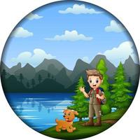 Scout boy and a dog in nature in a round frame vector