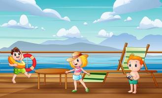 Cartoon kids enjoying the scenery and having fun on deck vector