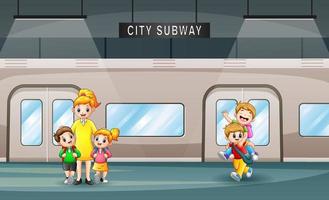 Cartoon of a teacher with her student in a train station vector