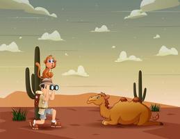 The explorer boy with binocular in the desert vector