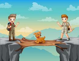 Two boy scouts with a dog crossing a wooden bridge over a cliff vector