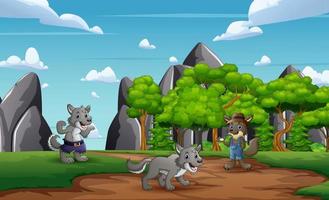 Cartoon three wolf cartoon at nature background vector
