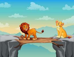 Cartoon two lions taking turns to cross a wooden bridge over a cliff vector