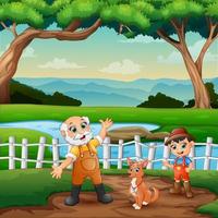 Happy the farmers and a dog in the farm vector