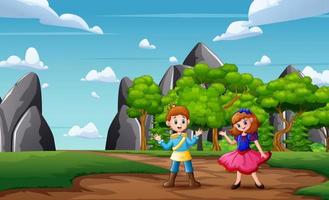 Illustration of snow white and prince walking in nature vector