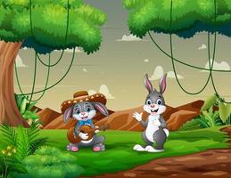 Mexican bunnies playing guitar and singing in a green field vector