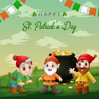 Happy St Patrick's Day background with dwarfs and a pot of gold vector