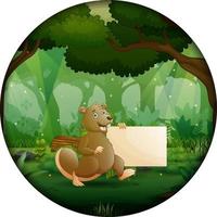 Cartoon a beaver holding blank sign in the forest in circular frame vector