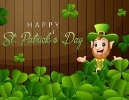 feliz saludo del día de san patricio con duende y hojas verdes vector