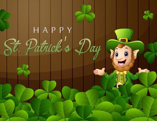 Happy St Patrick's Day greeting with leprechaun and green leaves